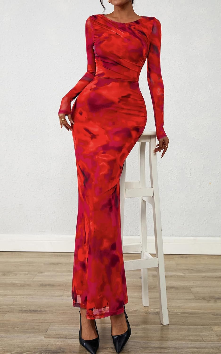 PRETTYGARDEN Women's Long Sleeve Floral Fall Wedding Guest Dress Casual Crewneck Ruched Bodycon Mesh Long Maxi Dresses - Image 5