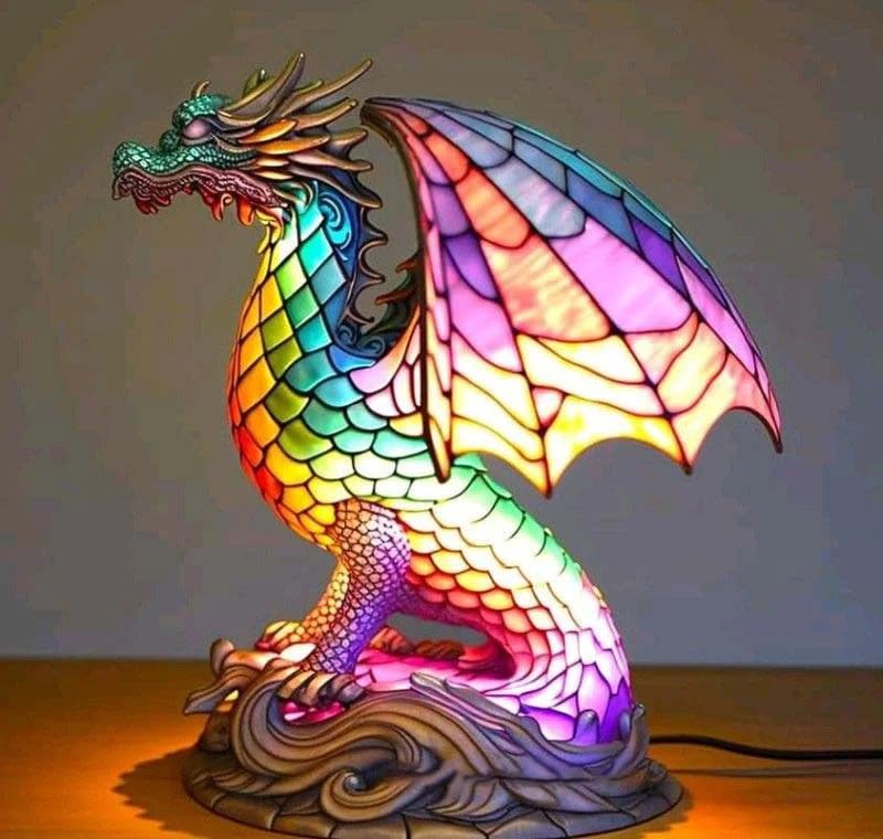Animal Table Lamp Series Stained Resin Ornaments Night Light with USB Bohemian Furniture Decor Christmas Sculpture Desk Lamp Gift, Dragon