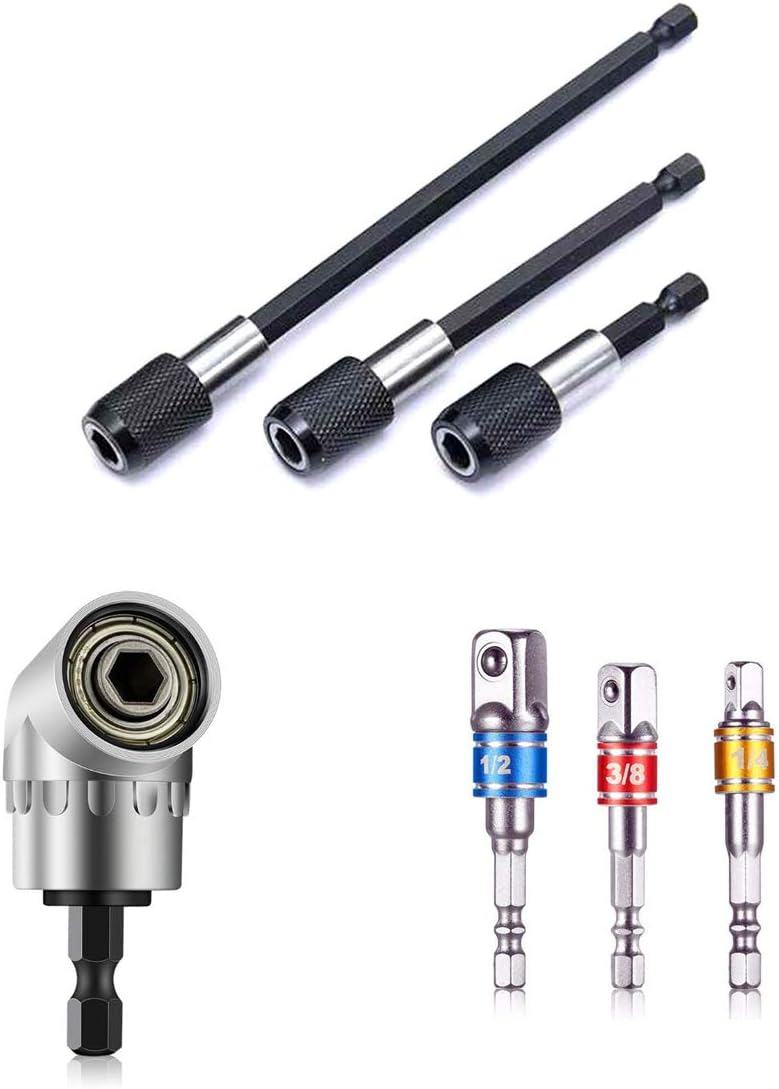 Power Drill Extension Bar Hex Shank Socket Adapter Drill Bit, 3Pcs Impact Socket Square Nut Driver Bit + 3Pcs Screwdriver Bit Holder + 1Pcs 1/4 Hex 105 Degree Right Angle Drill Attachment 7pcs