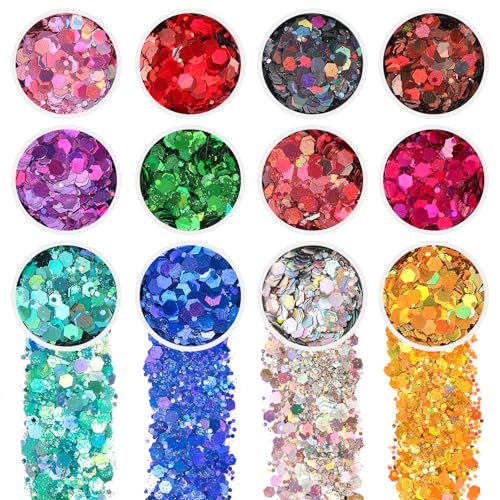 Qflrgon 12 Jars Holographic Chunky Craft Glitter for Resin Slime Tumbler DIY Jewelry Hair Face Body Makeup Nail Festival & Party Decorations