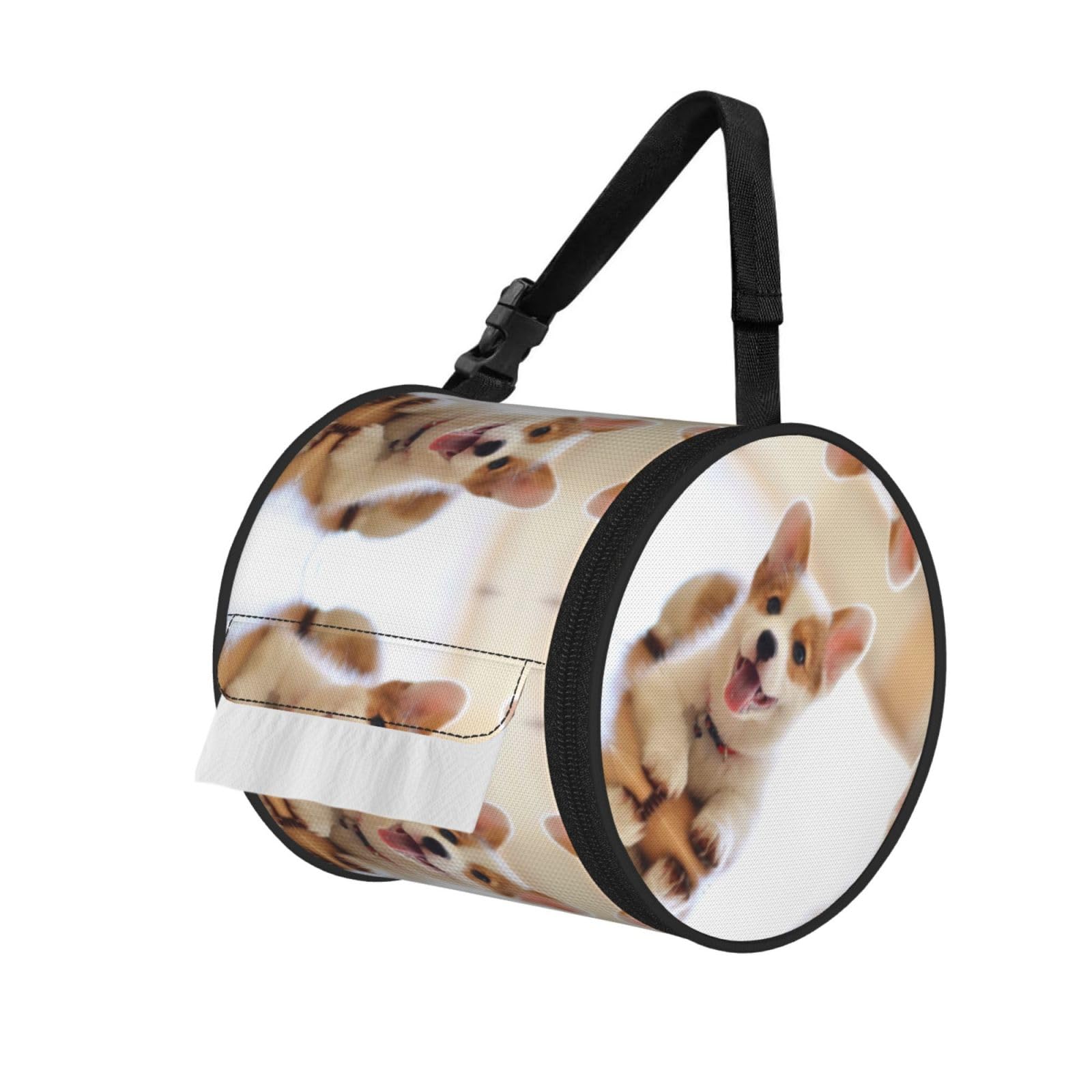 Jiuty Black Cute Corgi Print Cylinder Tissue Organizer Bag With Strap, Portable Toilet Roll Holder For Camping Car