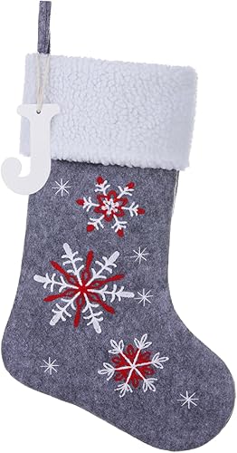 Miniatura 9 de Calcetines de Navidad personalizados de 19.5 pulgadas con monograma inicial de madera, calcetines colgantes de Navidad bordados con copos de nieve