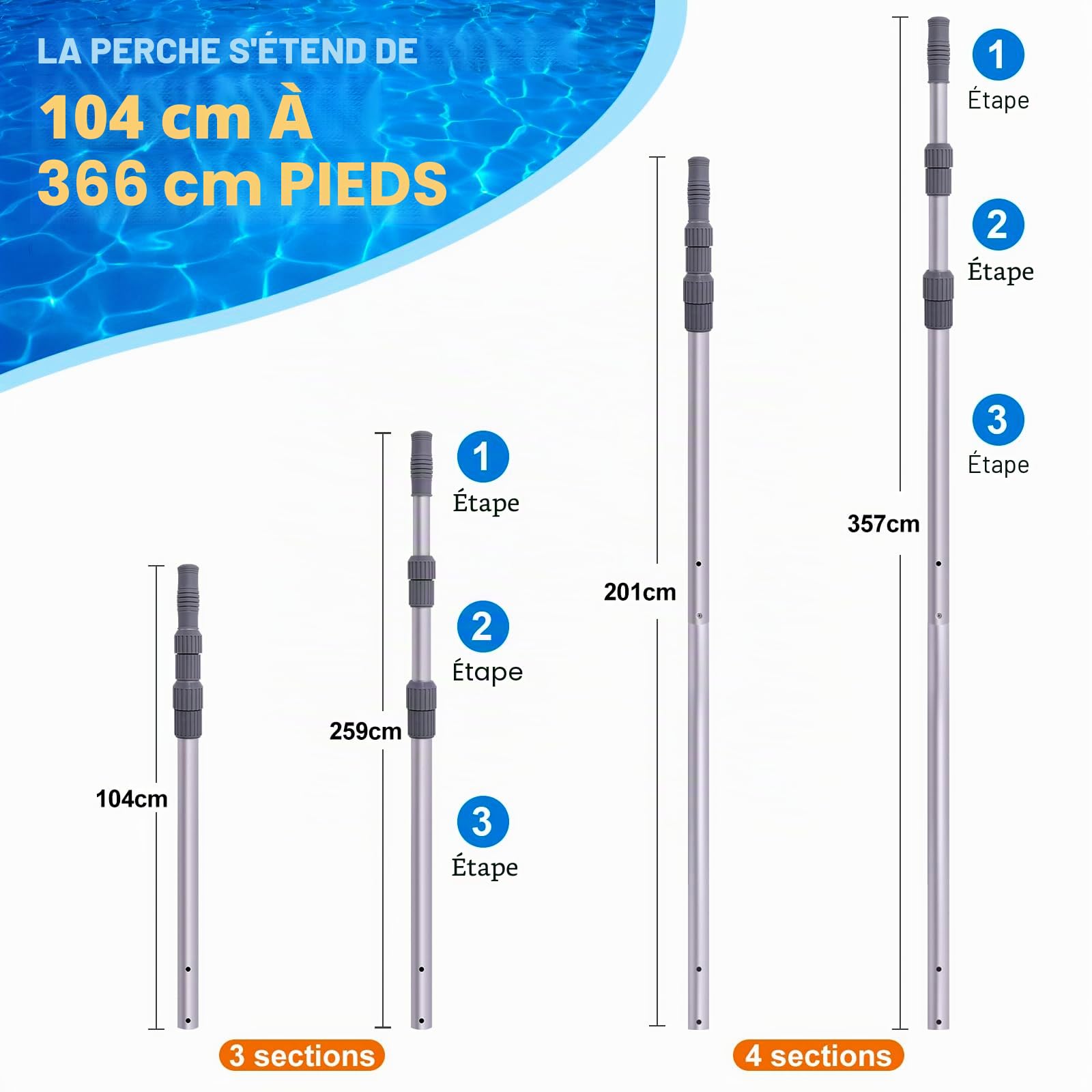 POOLAZA Perche de piscine – Perches de nettoyage télescopiques professionnelles de 3,6 m pour piscine, perches télescopiques réglables, pour épuisette de skimmer, brosse, tête d'aspiration