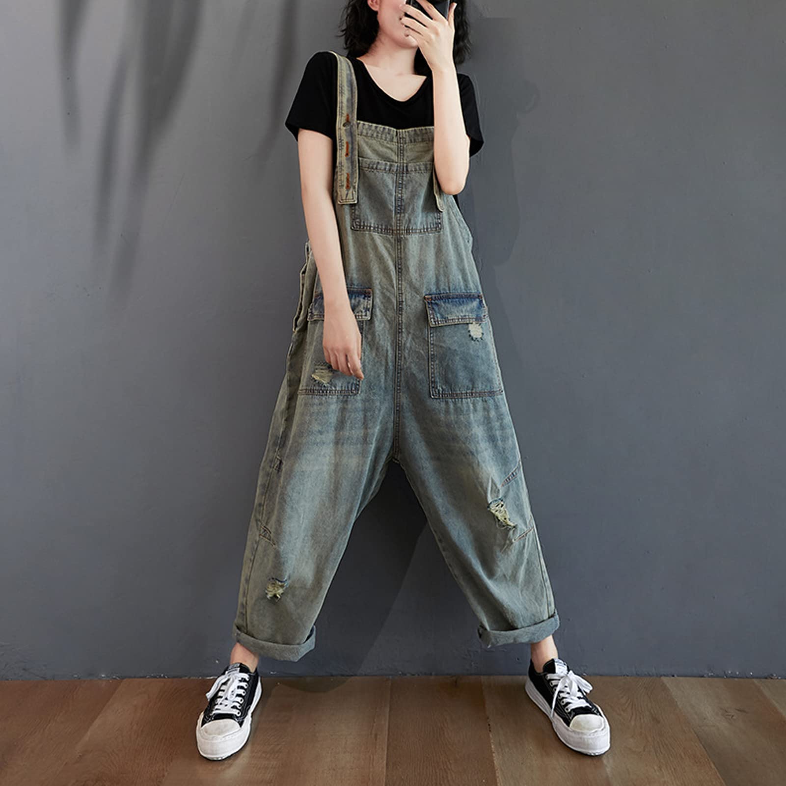 Salopette da donna in denim Salopette Pantaloni da donna Vintage Casual Baggy Jean Tute regolabili Tute Tute a gamba larga Tutina Pantaloni lunghi Azzurro-L