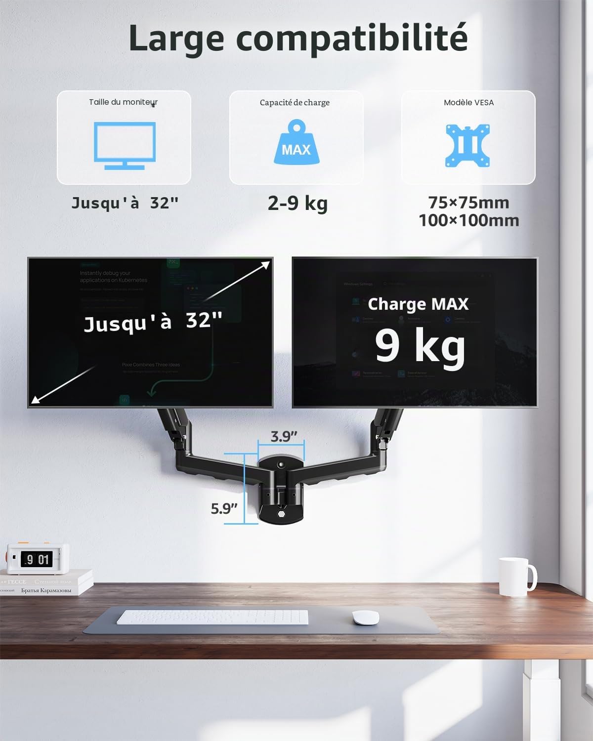 ELIVED EV6022 Support mural double écran pour écrans max. 32" jusqu'à 9 kg VESA 75/100 mm avec vérin à gaz rotatif à 360°