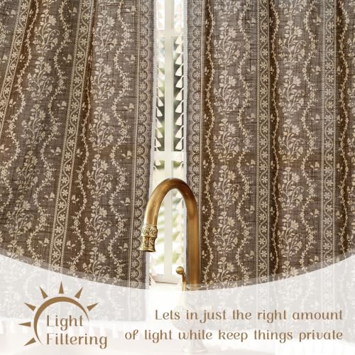 Image of Yinhua Boho Kitchen Curtains 36 Inch Length Vintage Linen Cafe Curtains Light Filtering Bohemian Floral Tier Rod Pocket Farmhouse Rustic Tassel Small Drapes with Tiebacks, 2 Panels, Brown