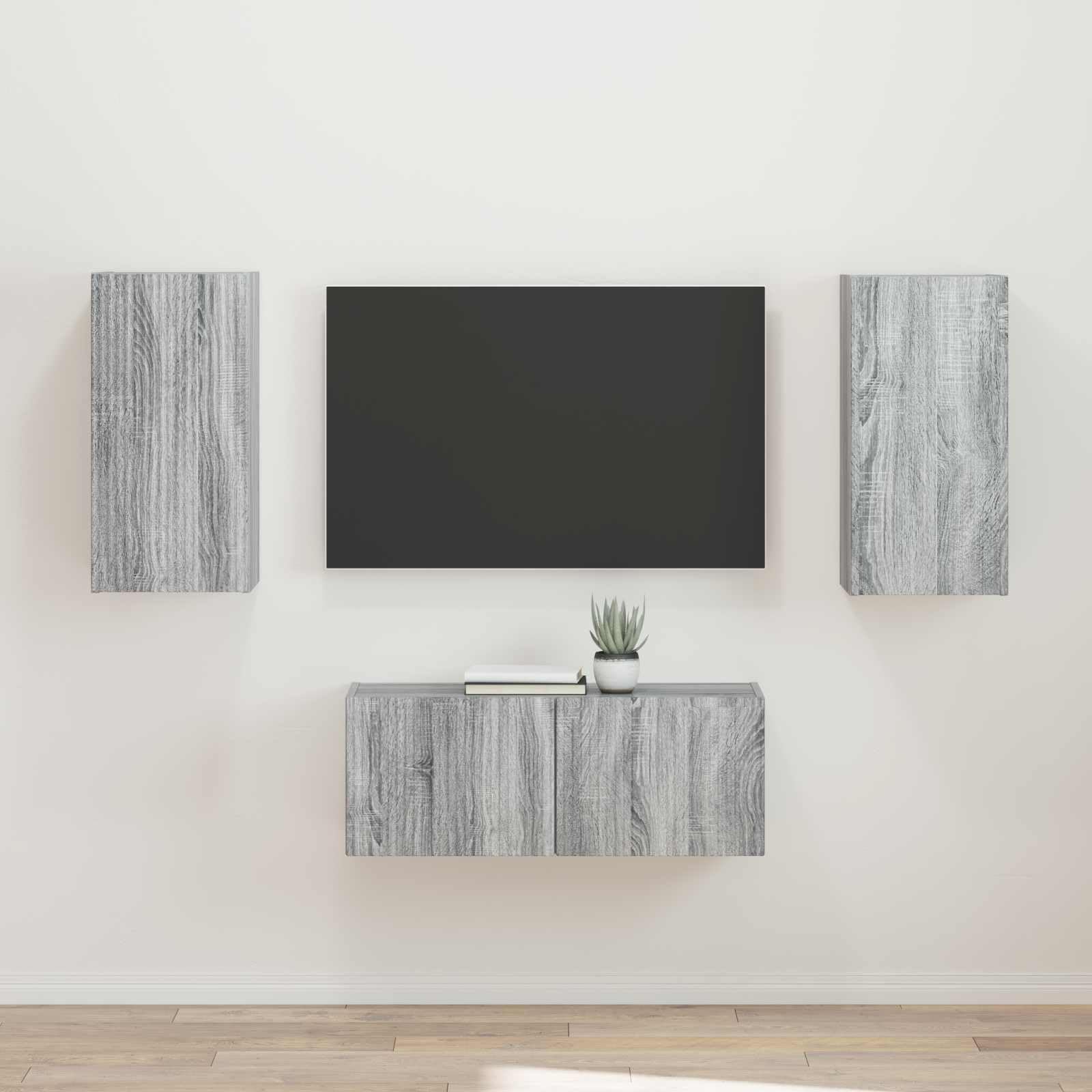 TV-Schrankset Wandmontiert 2-teilig, Graues Sonoma Holzwerkstoff, Modernes Media-Center für Wohnzimmer und Schlafzimmer, Viel Stauraum