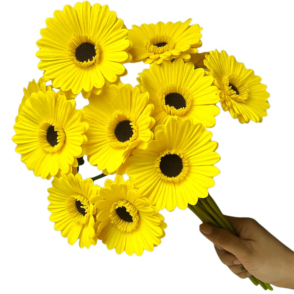 Garden Art Artificial 5 Pcs Gerbera Flower Sticks, 33 cm, RealTouch Natural Looking | Silicone Decorative Bunch for Home GAAGFB-1H-33Y (Yellow)-image-11