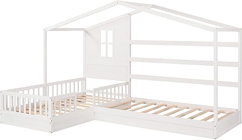 Miniatura 7 de Cama de casa en forma de L para 2 niños marcos de cama doble individual para niños con techo ventanas valla y diseño de listones cama doble