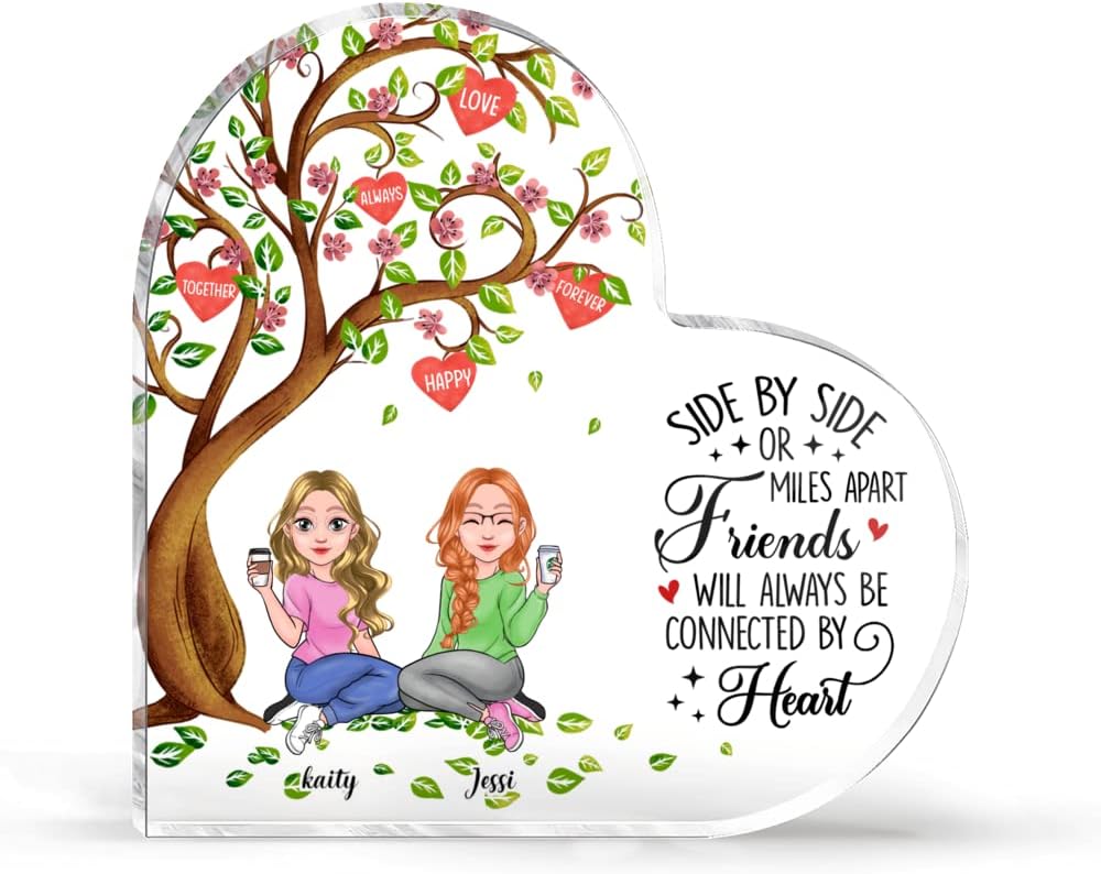 GOSSBY Transparent Custom Plaque (2 Girls) Side by side or miles apart, friends will always be connected by heart Sister Gift Acrylic Heart Keepsake Paperweight Heart Plaque Christmas Memory Birthday
