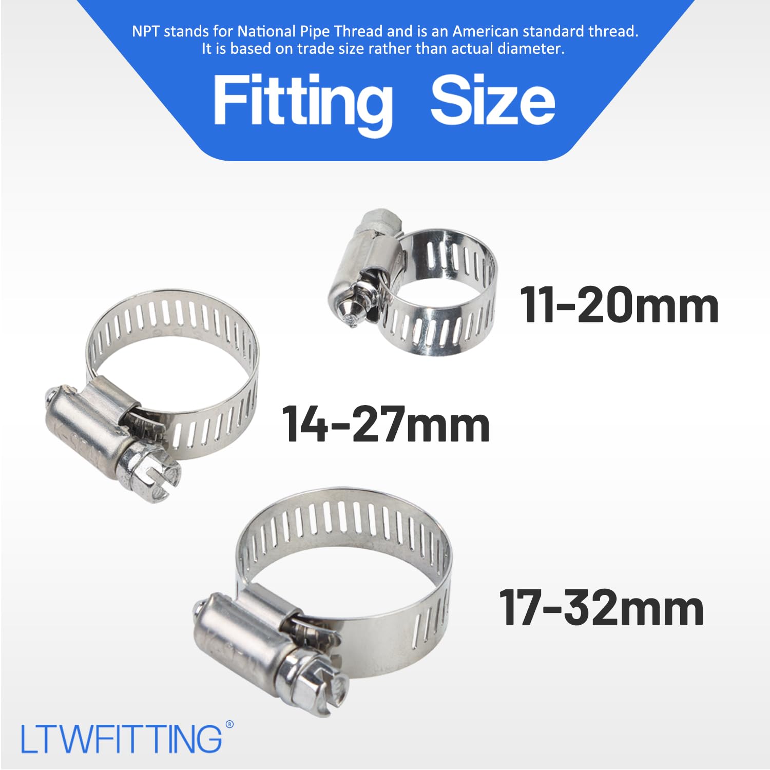 LTWFITTING 11-20mm 14-27mm 17-32mm Edelstahl 316 Schlauchschellen-Set, verstellbare Schraubband-Schellen für Automobilkühler, Kraftstoffleitungen, Sanitärinstallationen und Ladeluftkühler(60 Stück)