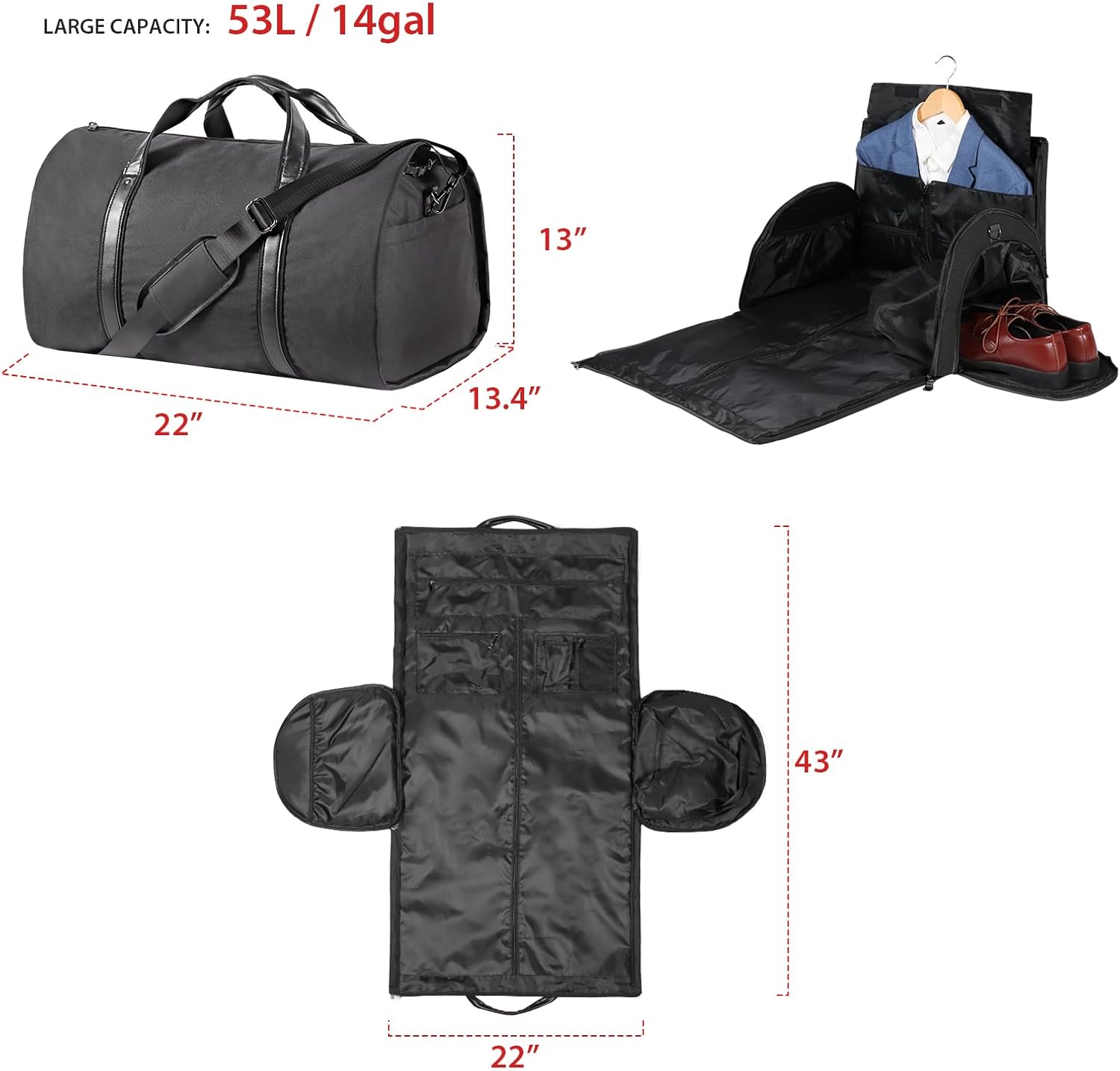 Zilink Convertible Garment Bag with Shoulder Strap Carry on Suit Travel Duffel Bag - 2 in 1 Hanging Suitcase Suit Business Travel Bag for Men Women, Black - Image 3