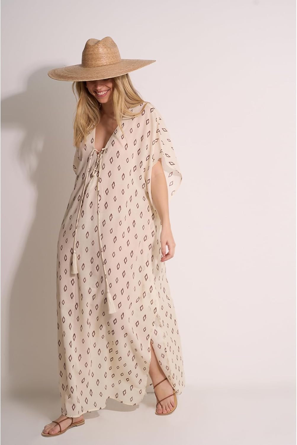 Gottex Beach Life Avela Kaftan Cover-Up - Front Tie Detail with Tassels, Side Slits, One Size Fits Most