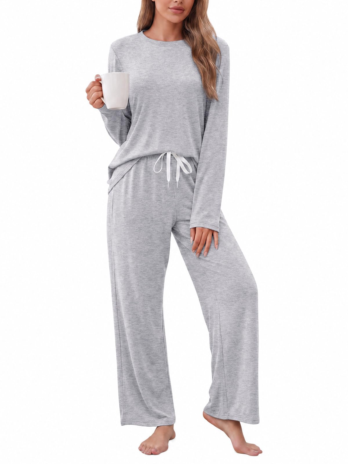 Tankaneo Schlafanzug Damen Lang Pyjama Set Winter Nachtwäsche | Bequemer Zweiteiliger Hausanzug mit seitlichen Taschen und verstellbarem Kordelzug,Rundhals Sleepwear