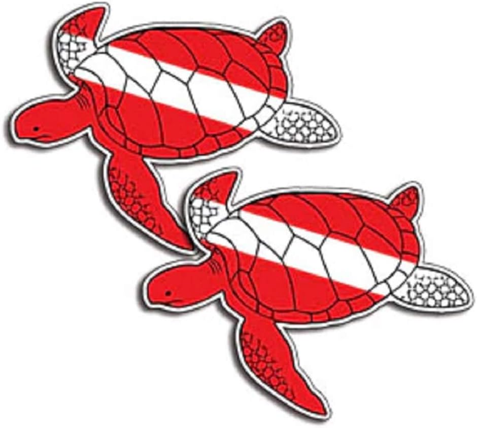 Scuba Diving Vinyl 2 Decal Car Stickers with Sea Turtle Diver Down Flag (Qty: 2) - 3.90" x 2.91"