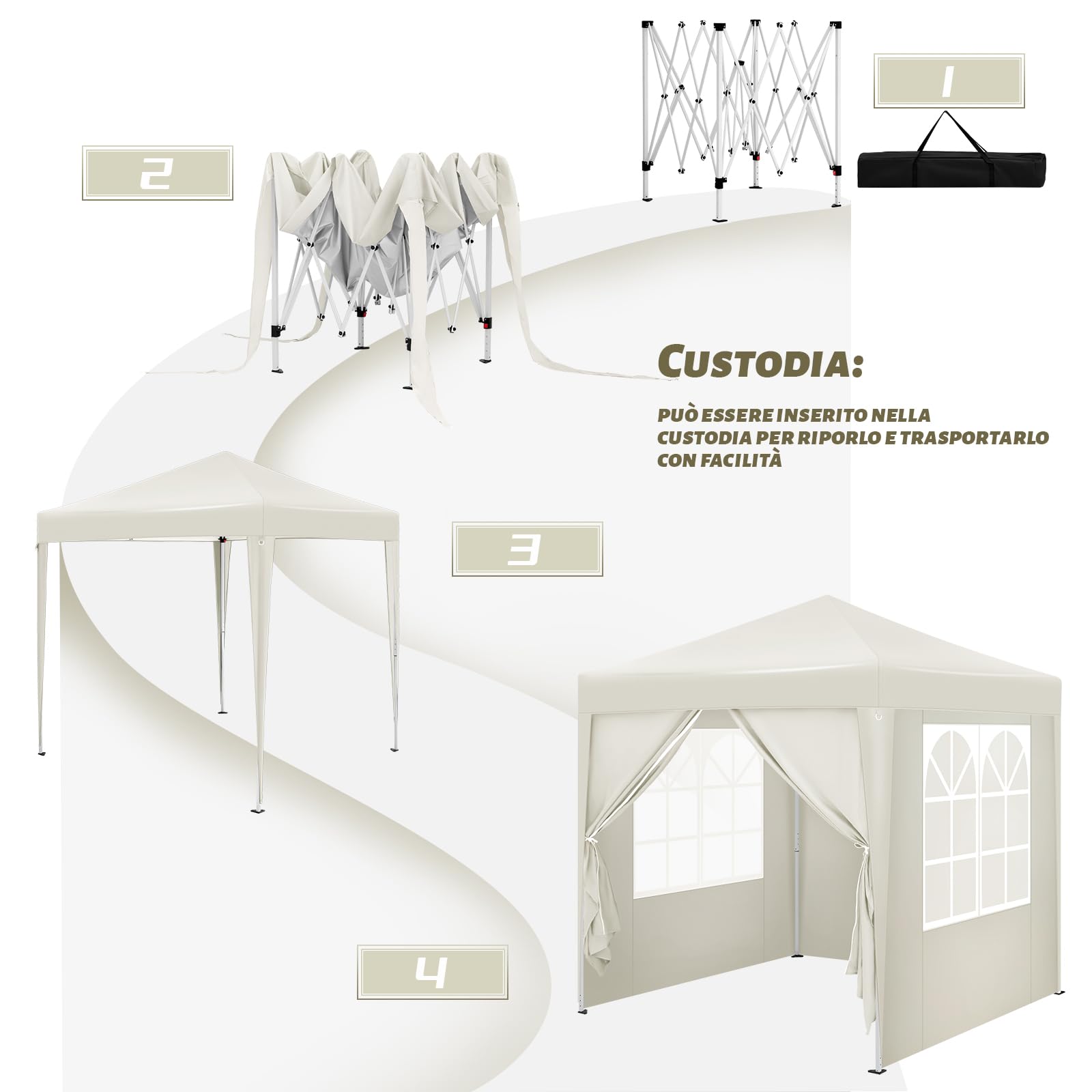 WOLTU Gazebo Pieghevole da Giardino, Gazebo Impermeabile Pop Up da 2x2m con Pannelli Laterali, Tendone Esterno, Altezza Regolabile, Protezione UV, con Custodia, Beige