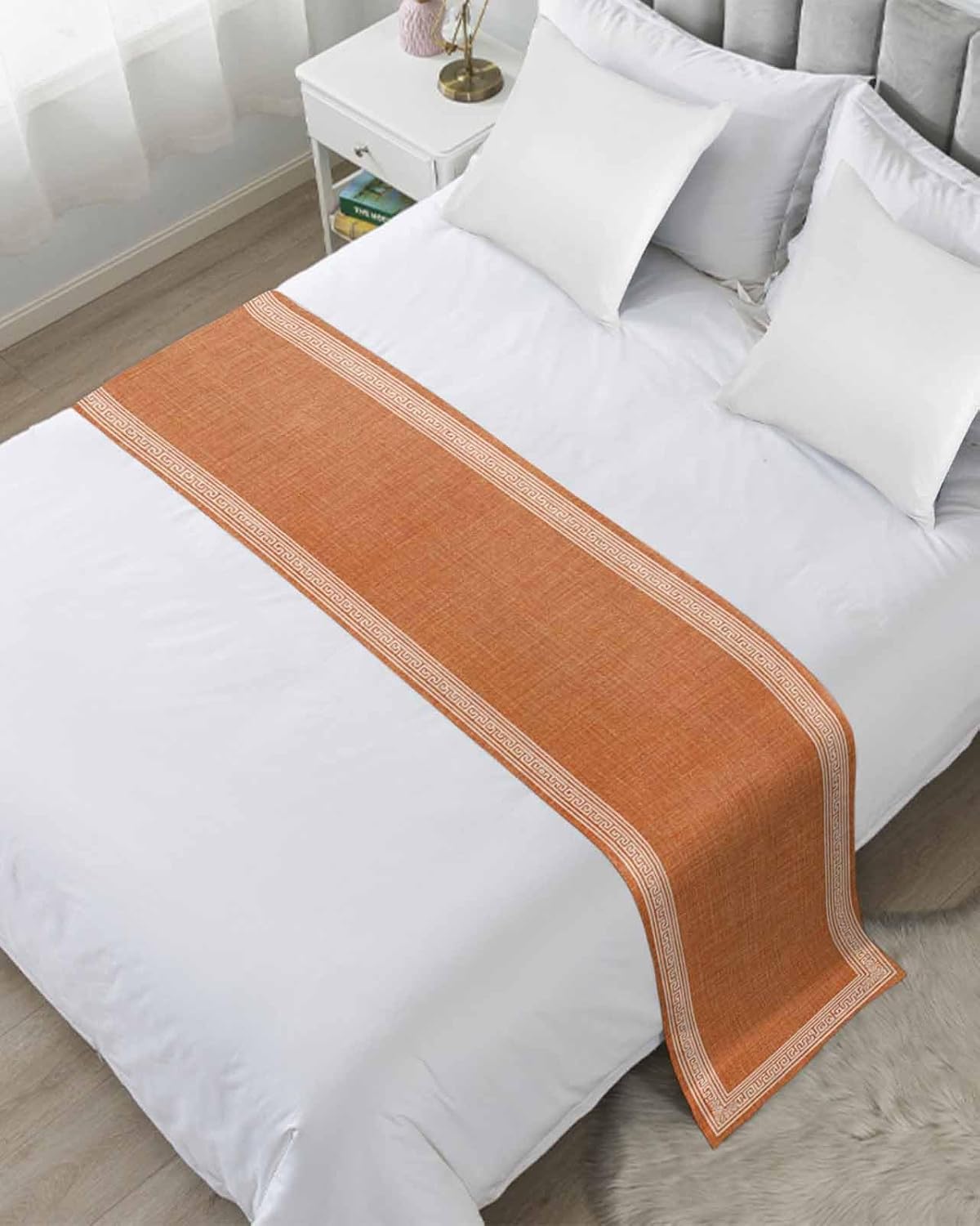 Warm Orange Retro Greek Key Bed Runner for King Size, Farmhouse Hotel Bed Scarf, Geometric Greece Ancient Farmhouse Decorative Beds Throws of Foot Bedding Runners & Scarves for Bedroom, 94 x 20 Inch