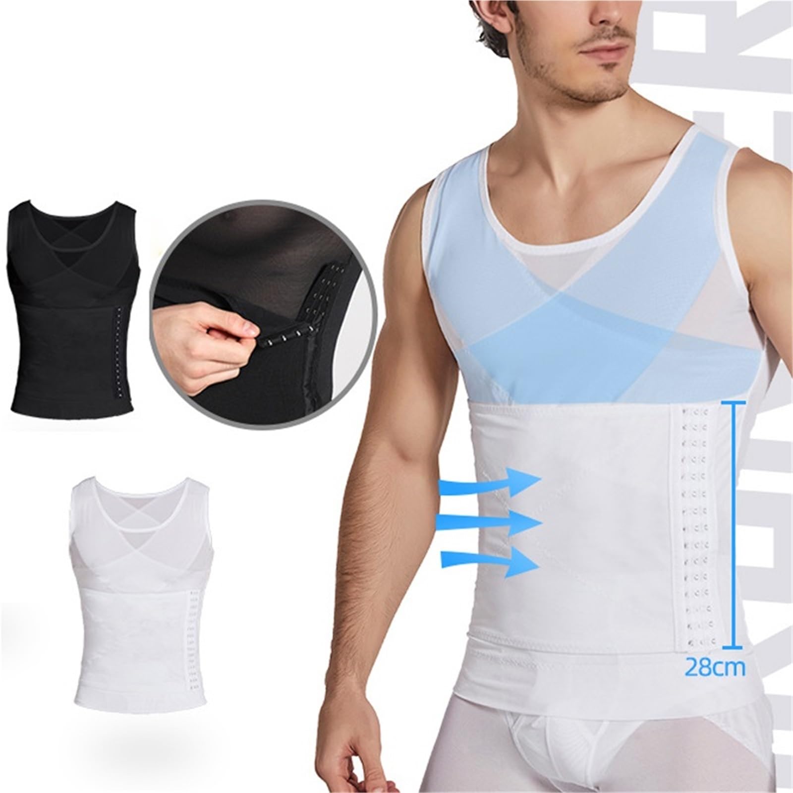Kompressionsweste Männer Herren Shapewear Tops Taillenformung Kurze Ärmel Bauch Shapewear Taillentrainer T-Shirt Bauchweg Etui Korsett(Black,2XL (95-120kg))