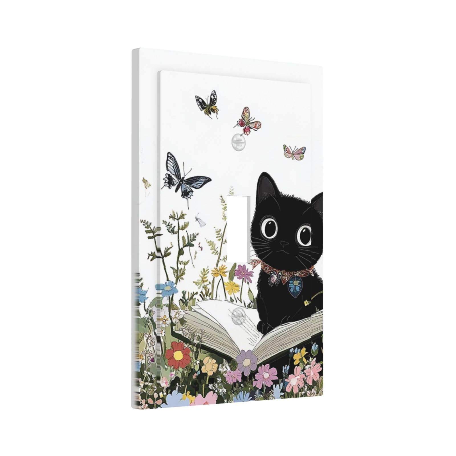 Donecmminery Decorative Light Switch Cover Cute Cat Wildflowers Boho Flowers Floral 1 Gang Single Toggle Device Electrical Faceplate Switchplates Decorator Outlet Wall Plate For Nursery Kids Room