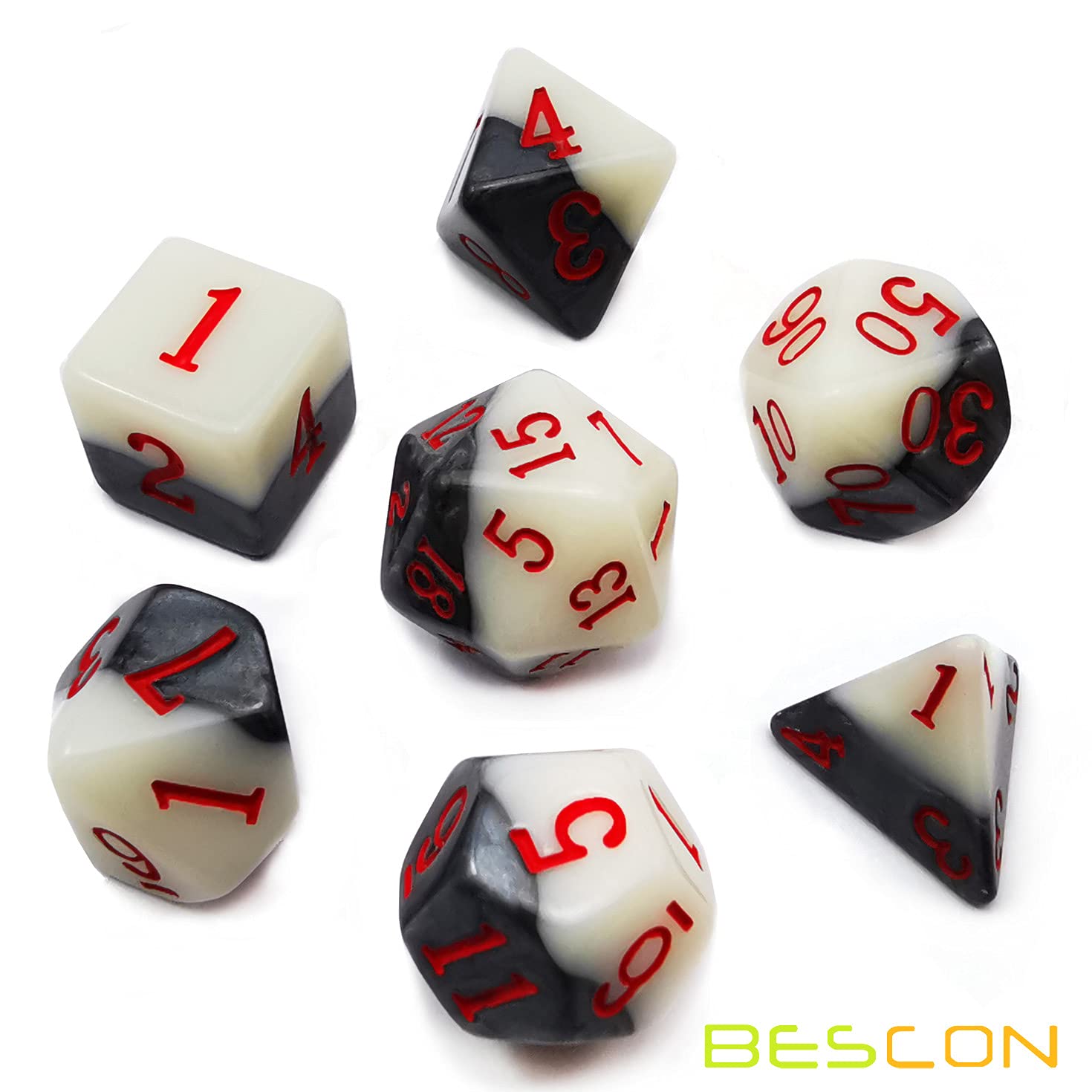 Bescon Two-tone Glowing Polyhedral Dice 7pcs Set Green Dawn, Luminous RPG Dice Set d4 d6 d8 d10 d12 d20 d%, Brick Box Packaging - Image 3