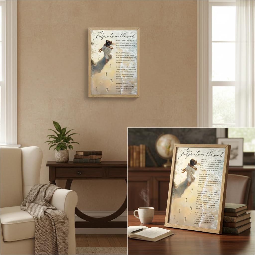 Framed Footprints in The Sand Wall art,Jesus Holding Woman Canvas Print.Gifts for Christian Women.Religious Female Wall Decor,12x16in Wood Framed