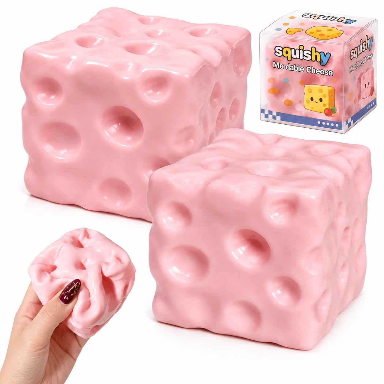 Hi-Y2Kgirls Cheese Squishy, Stress Relief Fidget Toy, Slow Rebound Block Simulation Food Squeeze Toy for Adults Gift Novelty Anxiety Calming Desk Party Favors (2PCS-Pink)