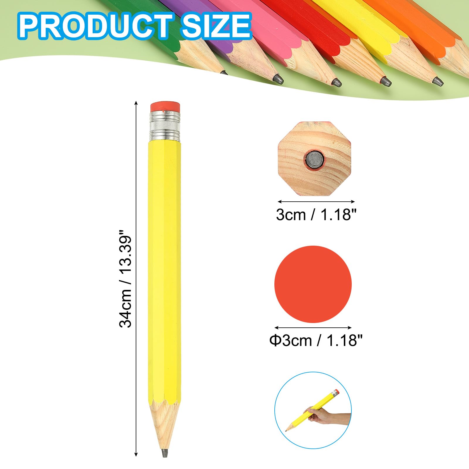 PATIKIL Wooden Giant Pencil, 13.4 Inch Big Pencil Props Large Funny Novelty Pencils with Cap for Home Decor Office Christmas Party, Yellow - Image 2