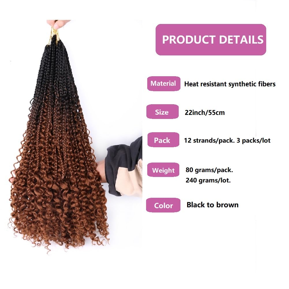 22 Inch Ombre Boho Box Braids Pre Looped Goddess Crochet Braids with Curly Ends 3 Packs Bohemian Braiding Hair Extensions for Women (Black-Brown) - Image 2