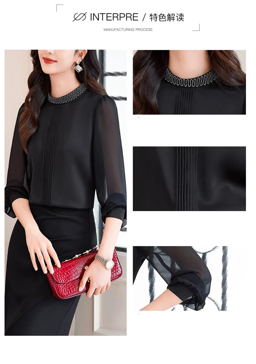 Blusa de manga larga para mujer, cuello alto, plisada, para oficina, para viajeros