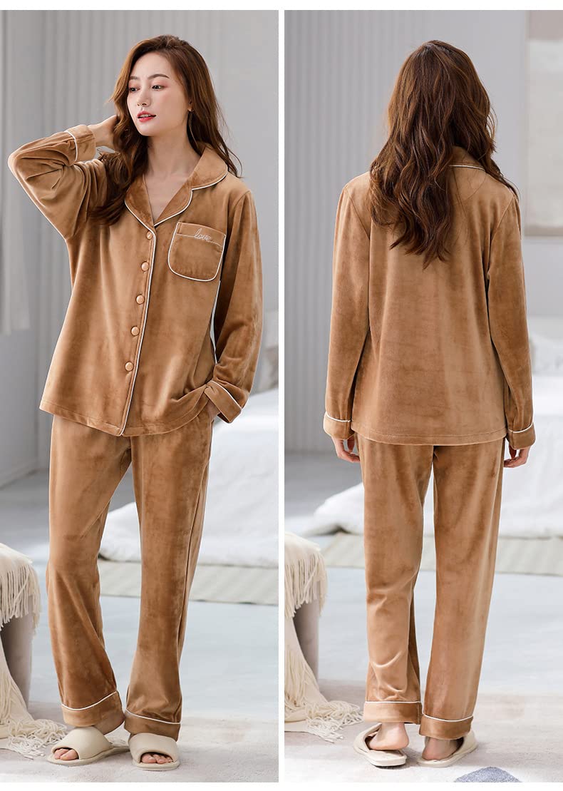 LUBOSE Pijama de franela para mujer, conjunto de ropa de descanso, 2 piezas, pijama con botones, ropa de descanso térmica (M, amarillo)