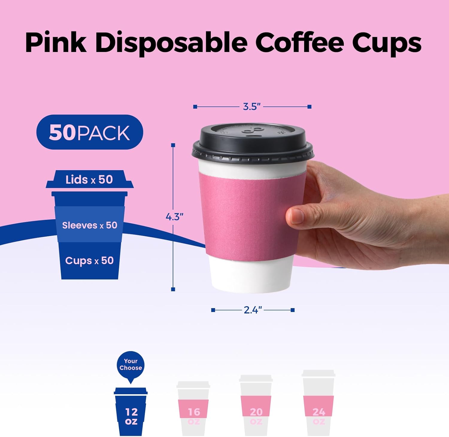 Fit Meal Prep 50 Pack 12 oz Disposable Coffee Cups with Lids and Pink Sleeves Lead-Proof Sturdy To Go Coffee Cups with Lids, Pink Hot Paper Cups for Party, Wedding, Birthday (Black Lids)