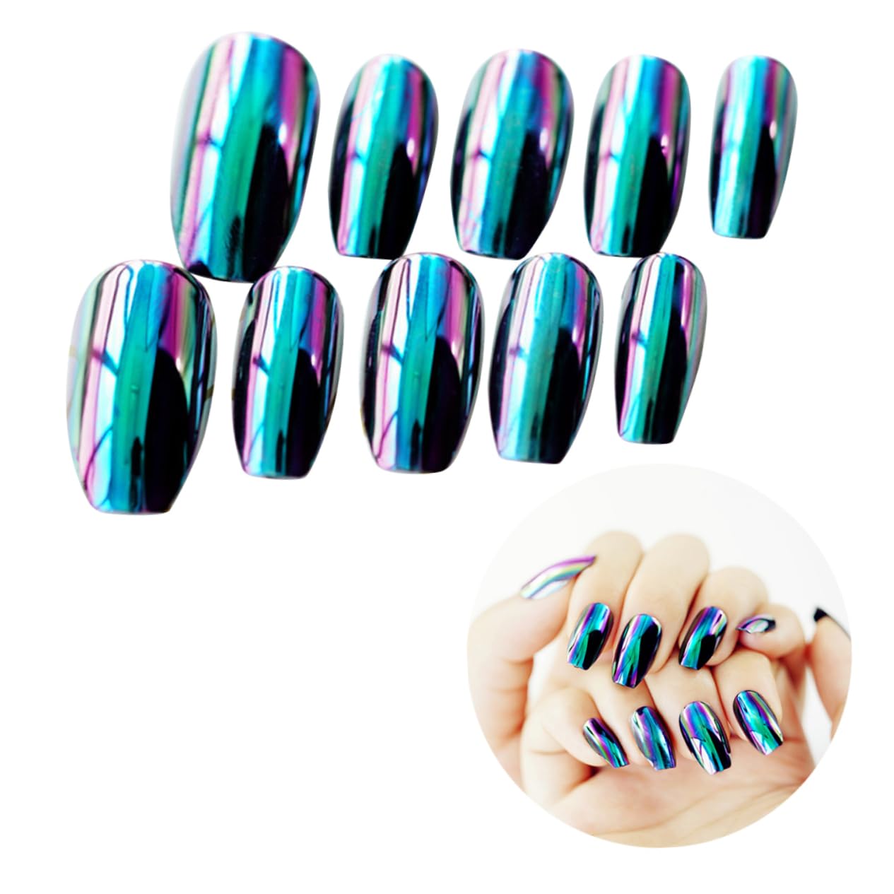 BIUDECO 24pcs Color Changing Mirror Nails False Nails Manicure Tips Elegant Full Cover Medium Length (glue Pattern)