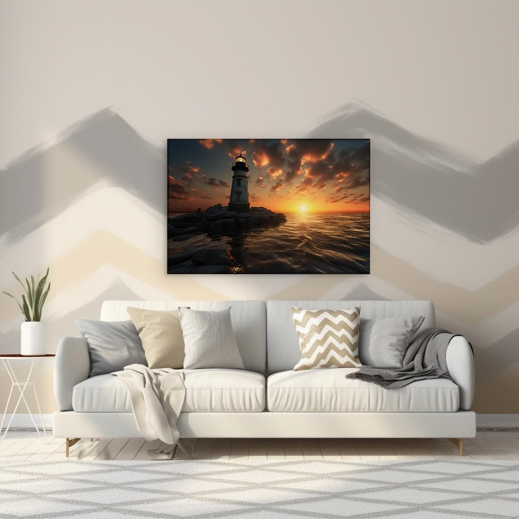 Canvas for Living room. Guiding Beacon Amidst Chaos � The Lighthouse's Vigil Over a Turbulent Sea, 27 x 18 inch Canvas Wall Art - Wall Art Digital Painting - Modern Home Decor