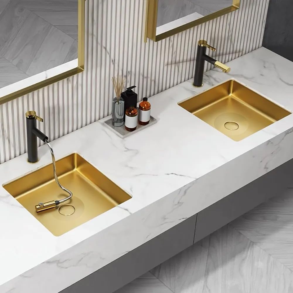 Undermount Bathroom Sink, Luxury Stainless Steel Rectangular Bathroom Sink with Pop-Up Drain, Modern Style Wash Basin，Gold