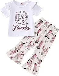 Conjunto de roupa infantil com parte inferior de sino para meninas ocidentais, camiseta de manga curta + calça rodada boho, 2 peças de roupas de verão