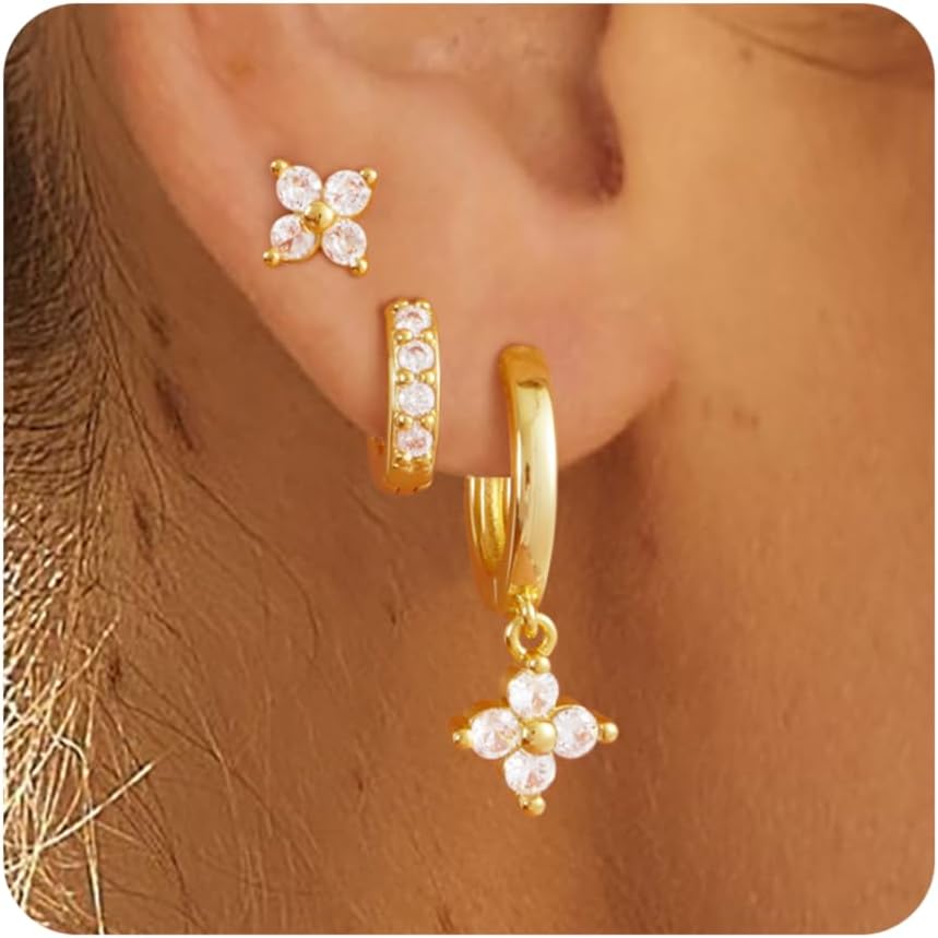 Gold Earrings for Women, 3 Pairs 14K Gold Plated Hoop Earring Sets for Women Small Gold Huggie Earrings Sets for Multiple Piercing, Hypoallergenic Dainty CZ Cartilage Earrings Stacks Trendy Jewelry Gifts