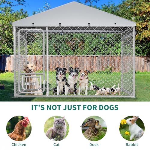 YITAHOME Outdoor Dog Kennel with Rotating Feeder Bowls, 7.5'x7.5' Outdoor Dog Enclosure with Roof, Heavy Duty Dog Cage for Medium Large Dogs
