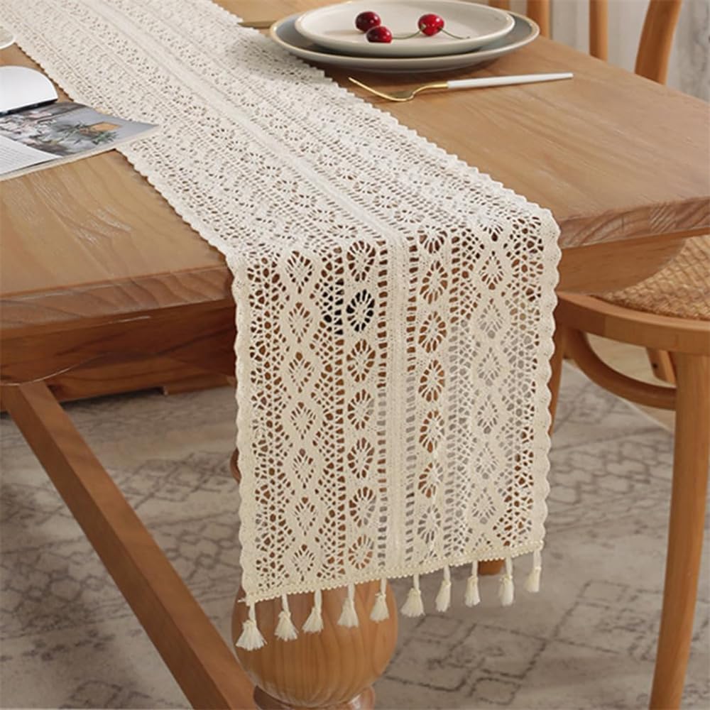 Boho Table Runner for Summer Home Decor with Tassels, Farmhouse Rustic Table Runner, Cotton Crochet Table Cover, Cotton Lace Boho Table Runner, Table Decoration for Wedding Bridal Shower (10x70 Inch)