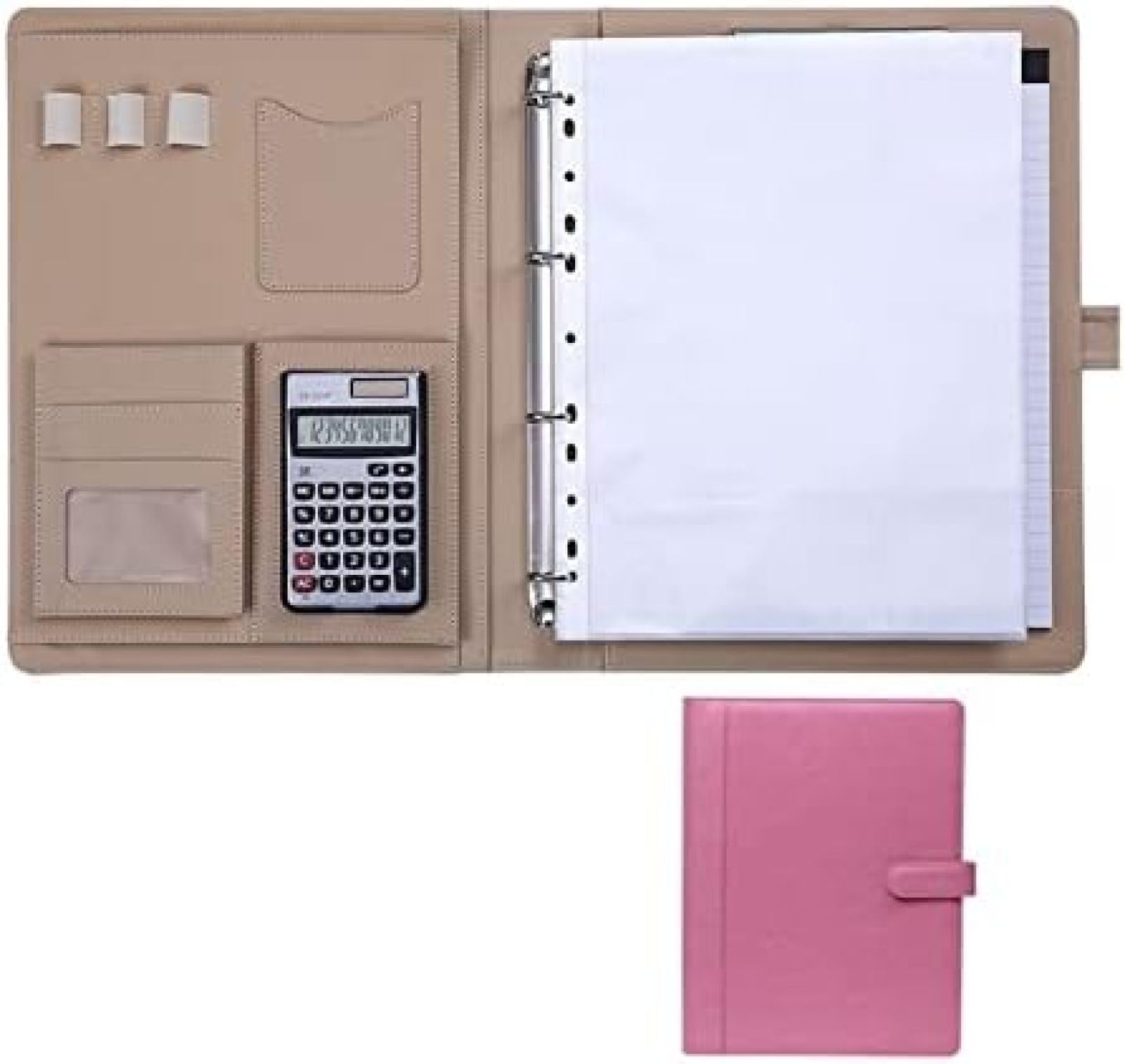 Classeur à quatre anneaux A4 en cuir PU rose avec calculatrice solaire