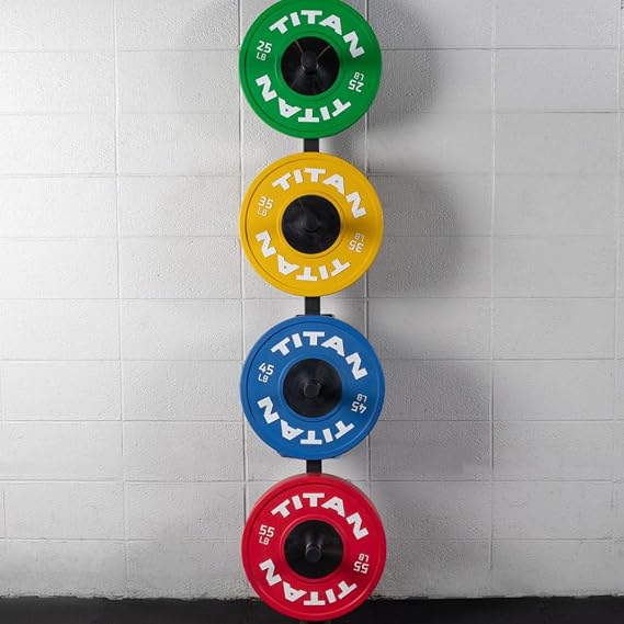 Titan Fitness Weight Plate Wall Mounted Storage Rack, Angled 4-Peg Design, Olympic Sized Weight Plate Organizer, Rated 800 LB, Anchored Wall Mounted Storage