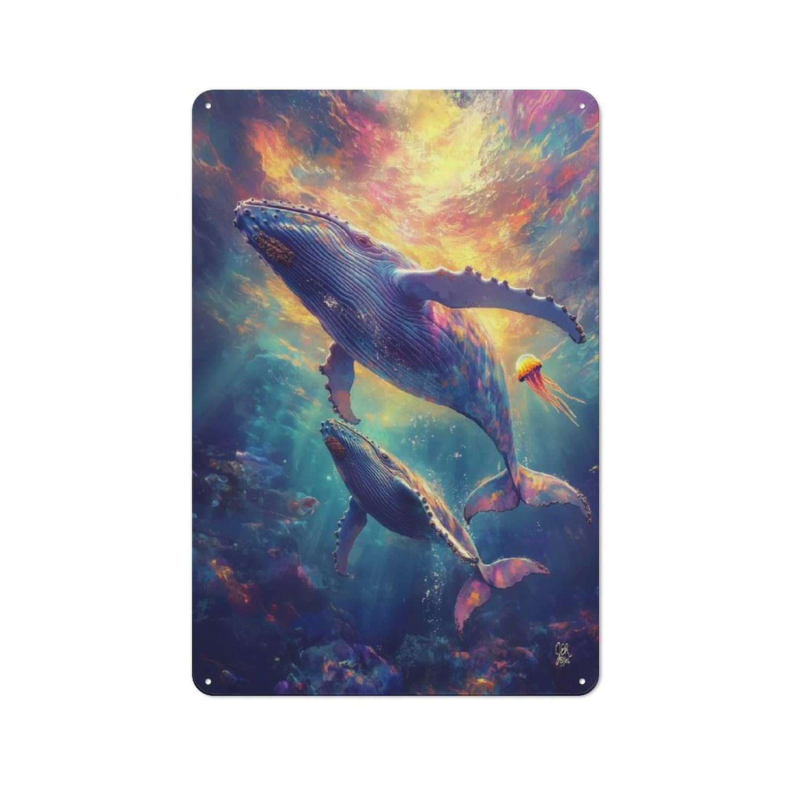 Humpback Whale Pair Friendly Metal Wall Decor 30x20cm, Decorative Metal Plaque for Tea Room, Shop Wall Or Breakfast Area