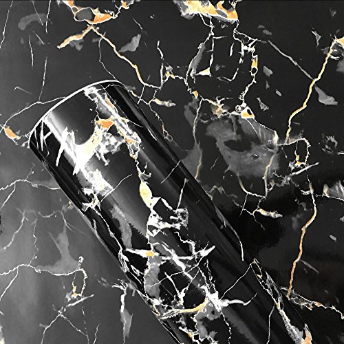 Moyishi Granite Look Marble Gloss Film Vinyl Self Adhesive Counter Top Peel And Stick Wall Decal 15.8"X118" (Black) #TOP6