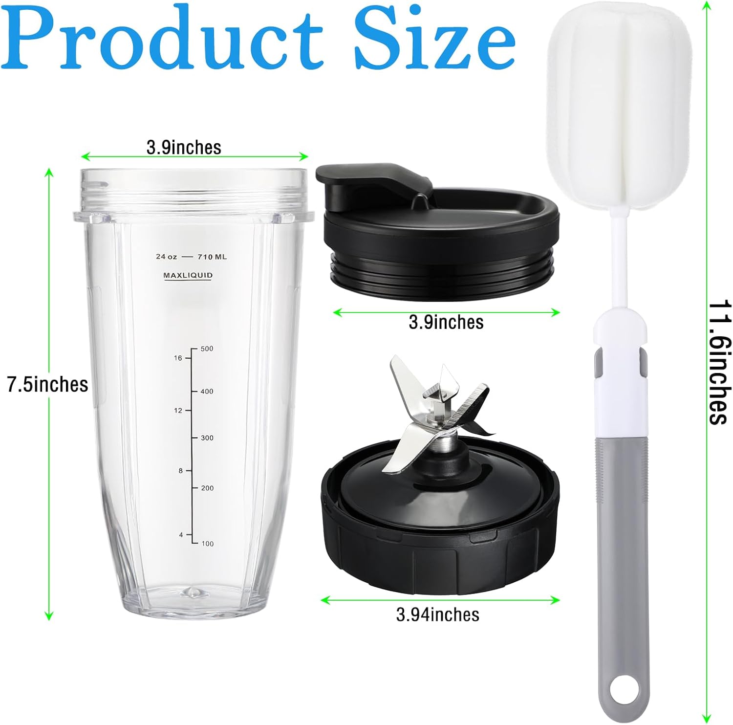 Blender Replacement Parts for Ninja, 24oz Blender Cups with To-Go Lids, 7 Fins Extractor Blade, Compatible with Nutri Ninja Auto iQ Blenders BN401 BN801 BN751 BL480-30 BL640-30 BL642-30 NN100-30