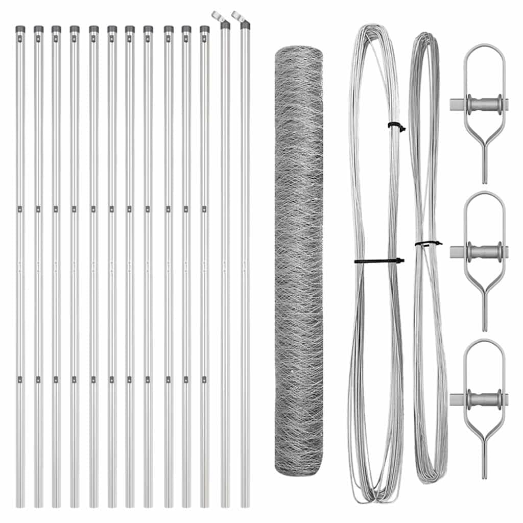 Outdoor Steel Garden Fence Post Silver 25 x 1.4m 50mm Mesh Security Boundary Barrier for Yard, Terrace, Pet Enclosure - Weather Resistant, Corrosion Proof Fencing Panel with 26 Posts 250x3.2x140cm