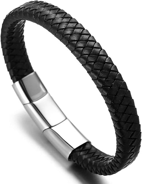 HALUKAKAH Men's Leather Bracelet Solo Double Braided in Striking Black Brown with Stylish Titanium Magnetic Clasp - Length 8.46" (21.5cm) - Comes with a Giftbox