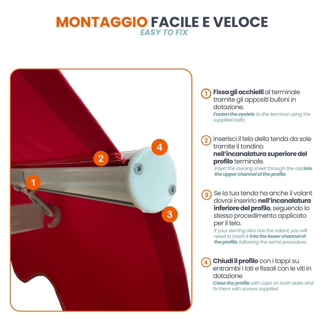 TENDAGGIMANIA ® Kit Perfil Barra Aluminio para toldos de balcón de Sol - Barra Toldo Vertical de Jardín Completo con tornillos, tacos, tapones y ojales, color: antracita – Medidas: 400 cm