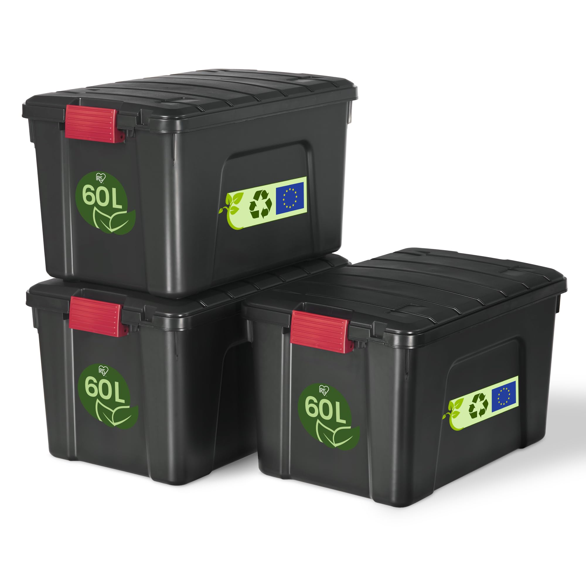 Iris Ohyama, große Kunststoff-Aufbewahrungsbox, 60 l Garagen-Aufbewahrungsbox, 3er-Set, SIA-60, schwarz, stapelbar, Verschlussklammern ? B59 x T39,5 x H35,5 cm