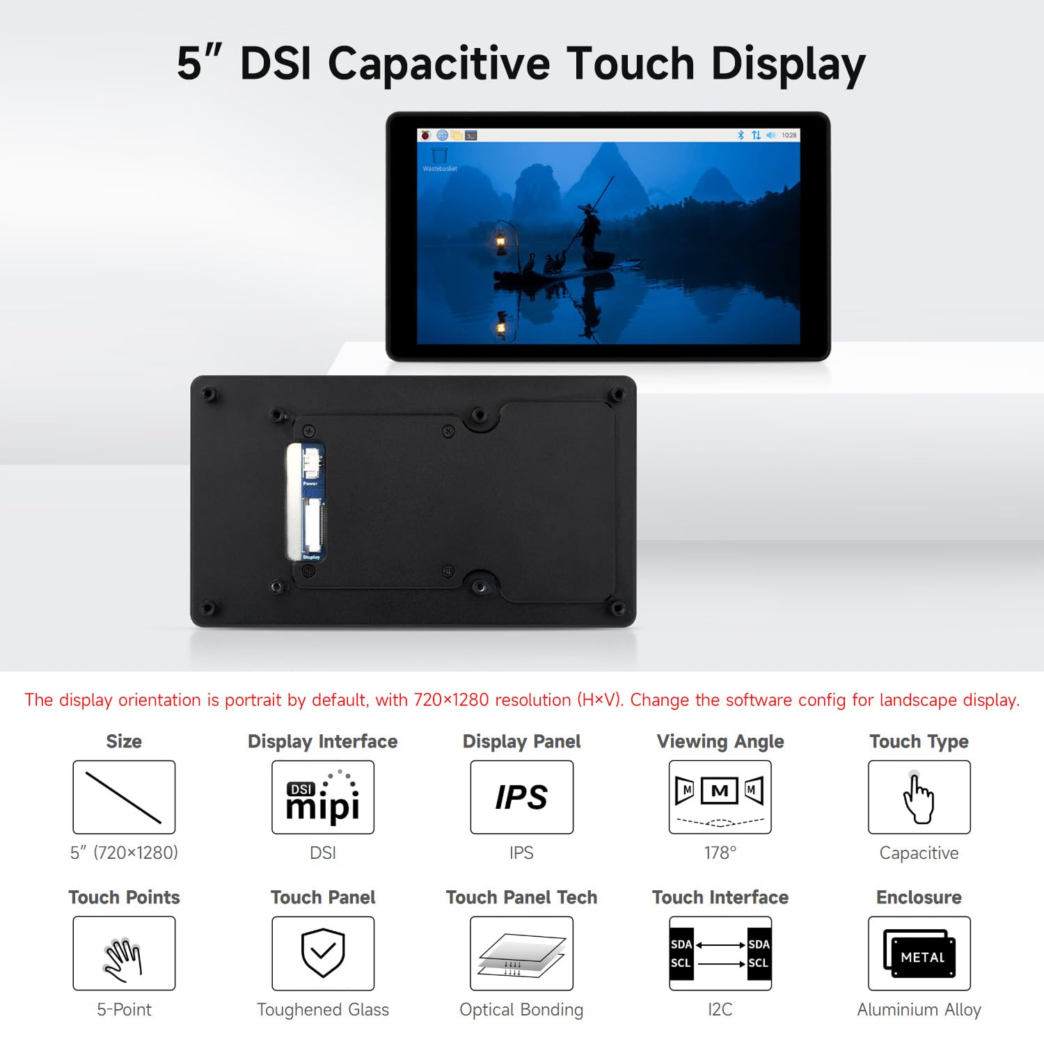 Waveshare 5inch-DSI-Touch-A Capacitive Display, Compatible with Raspberry Pi 5//4B/3B+/3A+ and ESP32-P4, 720 x 1280 IPS, 5-Point Touch Screen with Aluminum Alloy Case