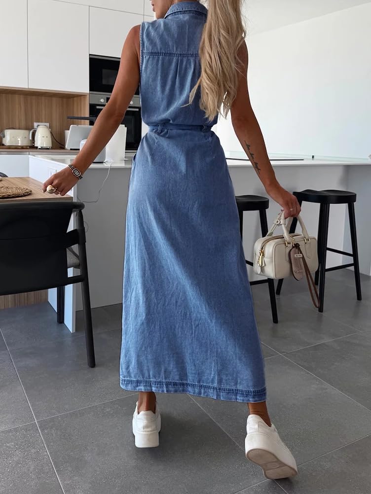 ORANDESIGNE Vestiti Jeans Donna Lunghi Estivi Vestito Jeans Lungo Senza Maniche Midi Abito Chemisier Denim Bottoni Davanti con Cintura