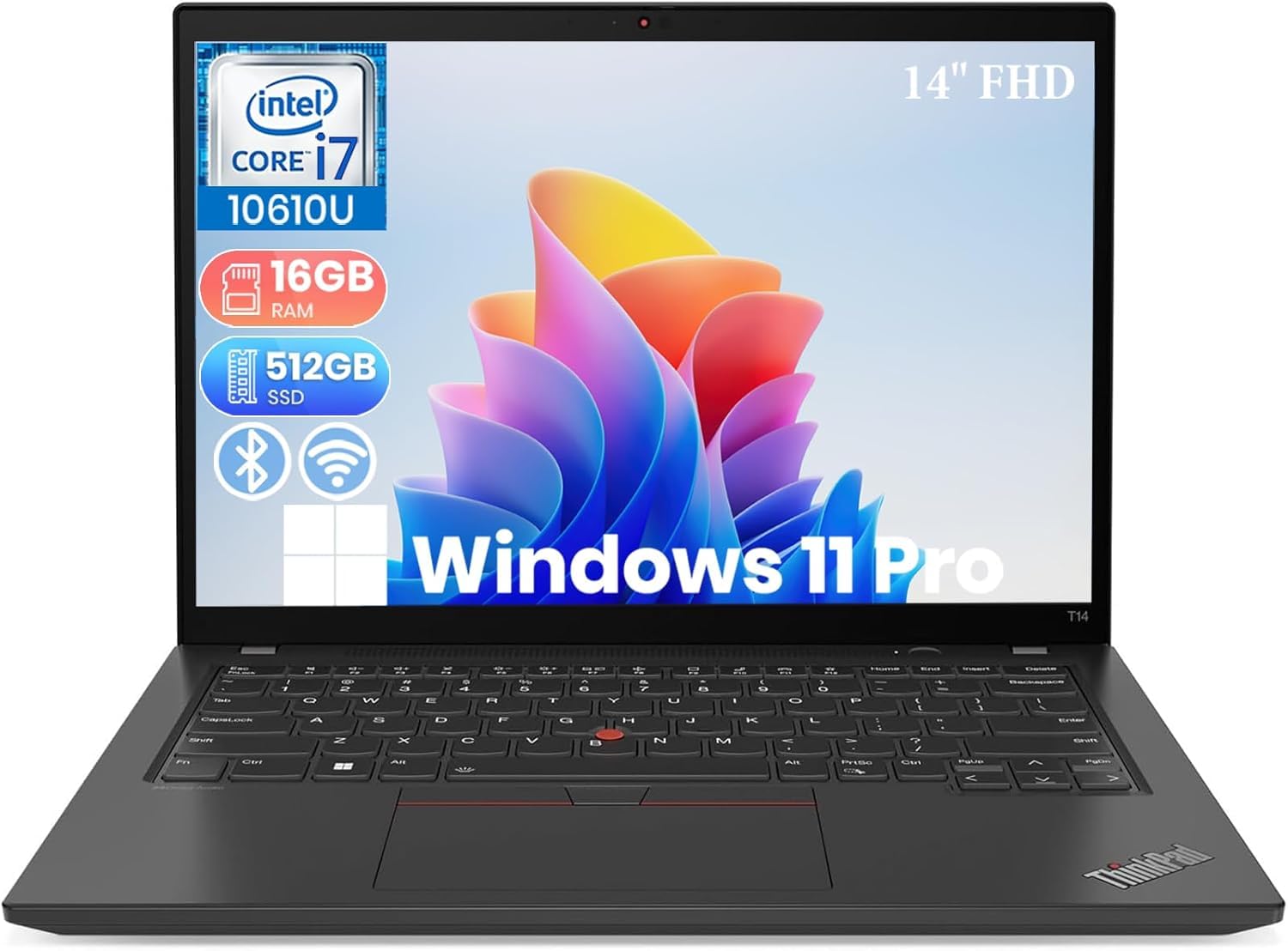 Lenovo Thinkpad T14 Ordinateur portable, 14" FHD (1920 x 1080), Intel Core i7-10510U, 16 Go de RAM, 512 Go SSD, webcam, clavier Qwerty américain, Windows 11 Pro (renouvelé)
